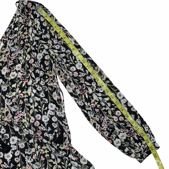 LAUREN Conrad Black Multicolored Floral Print V-Neck Tie bust Long Sleeve Blouse - Picture 8 of 12